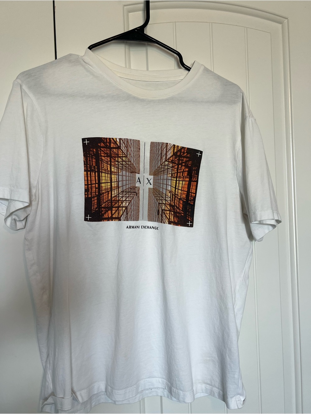 Armani Exchange White Short-Sleeve Tee with Orange/Brown Architectural Print